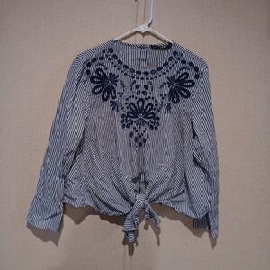 Zara Blue White Stripe Embroidered Tie Top M RARE Eyelet Blogger